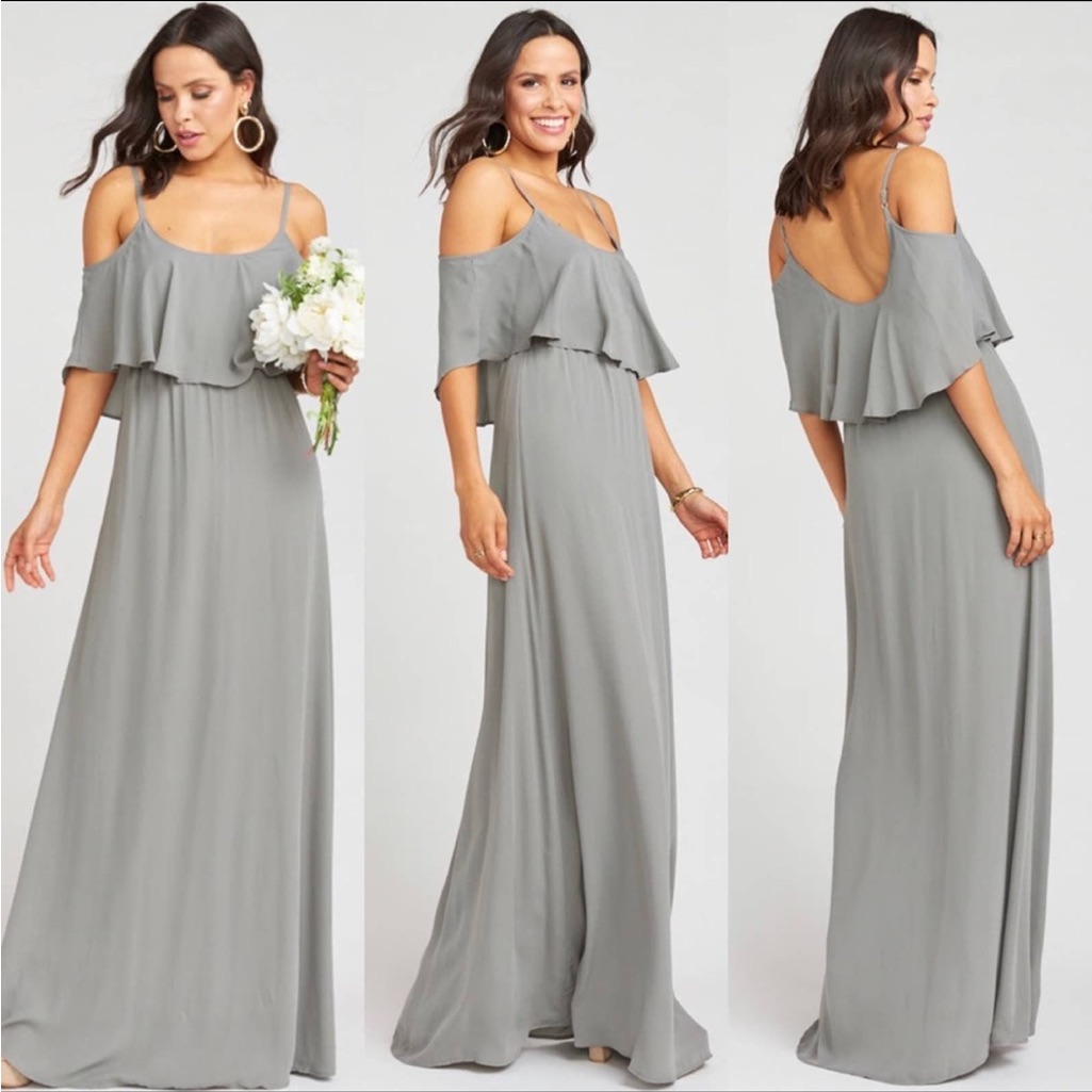 Nwt Show Me Your Mumu Caitlin Ruffle Maxi Dress ~ Soft Charcoal Crisp Small
